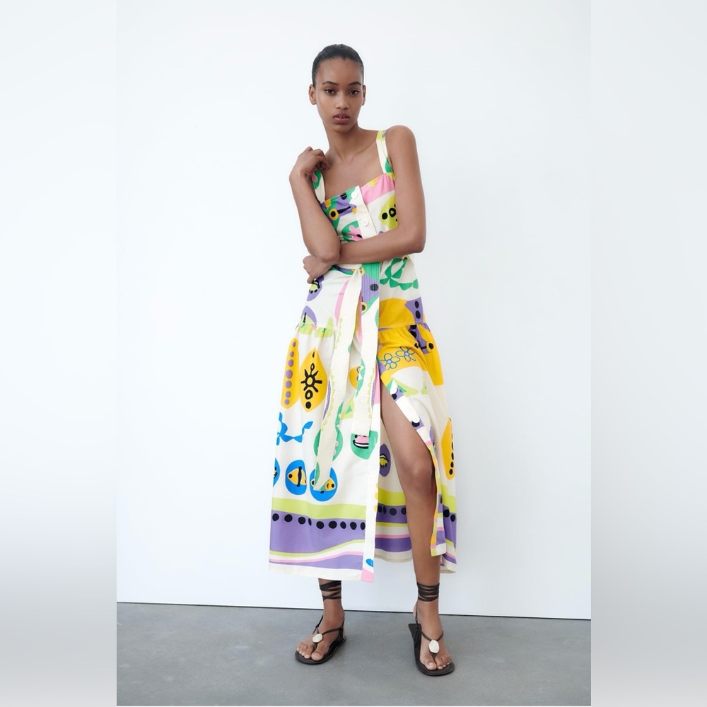 BNWT Zara Printed Midi Dress With Belt